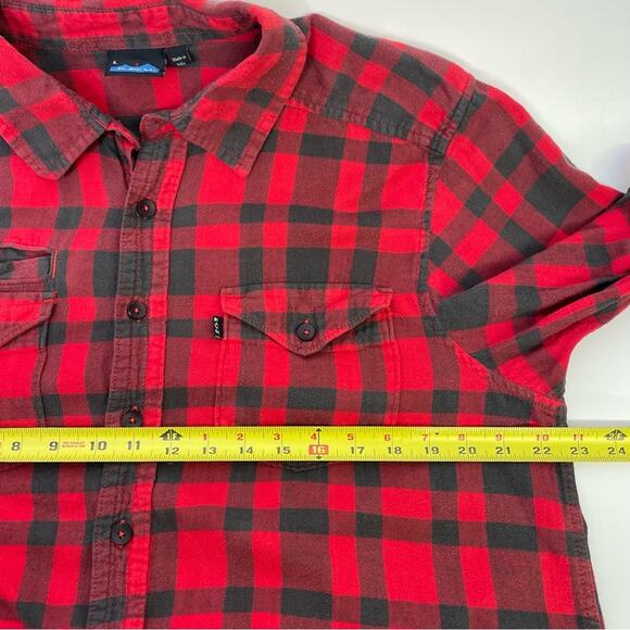Kavu Red Black Buffalo Plaid Flannel Shirt Large Long Sleeve Button Down Top - Picture 3 of 7